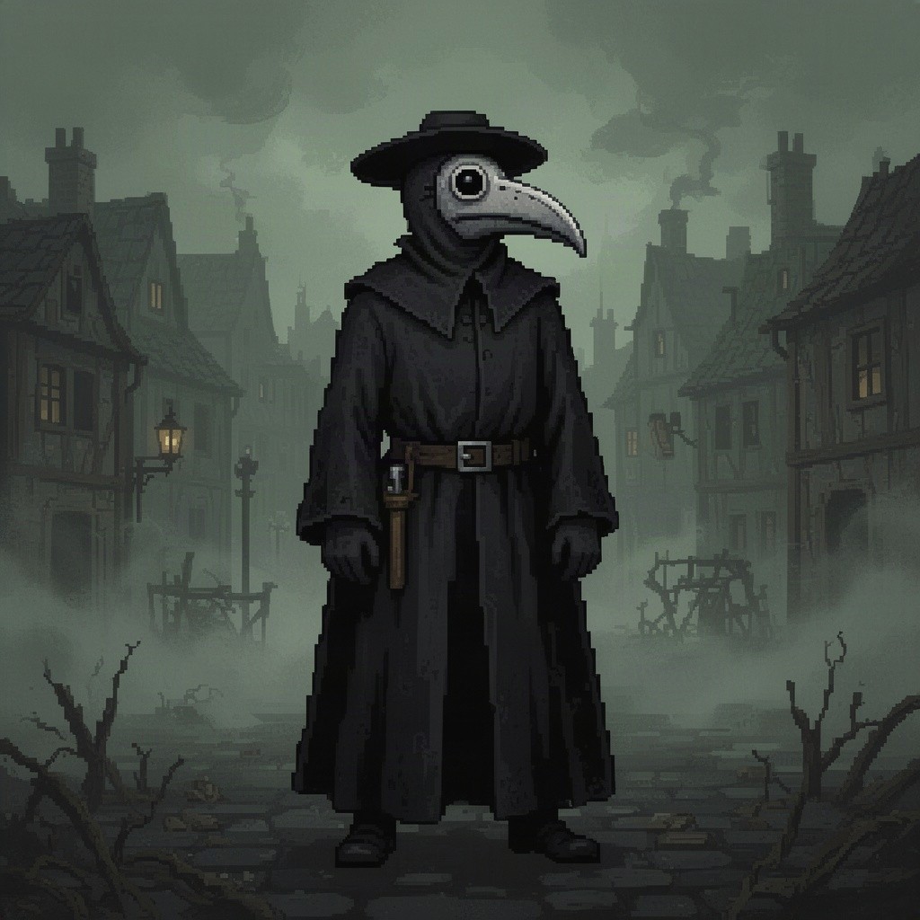 A detailed pixel art representation of a plague doctor character, wearing the traditional beaked mask and long black cloak