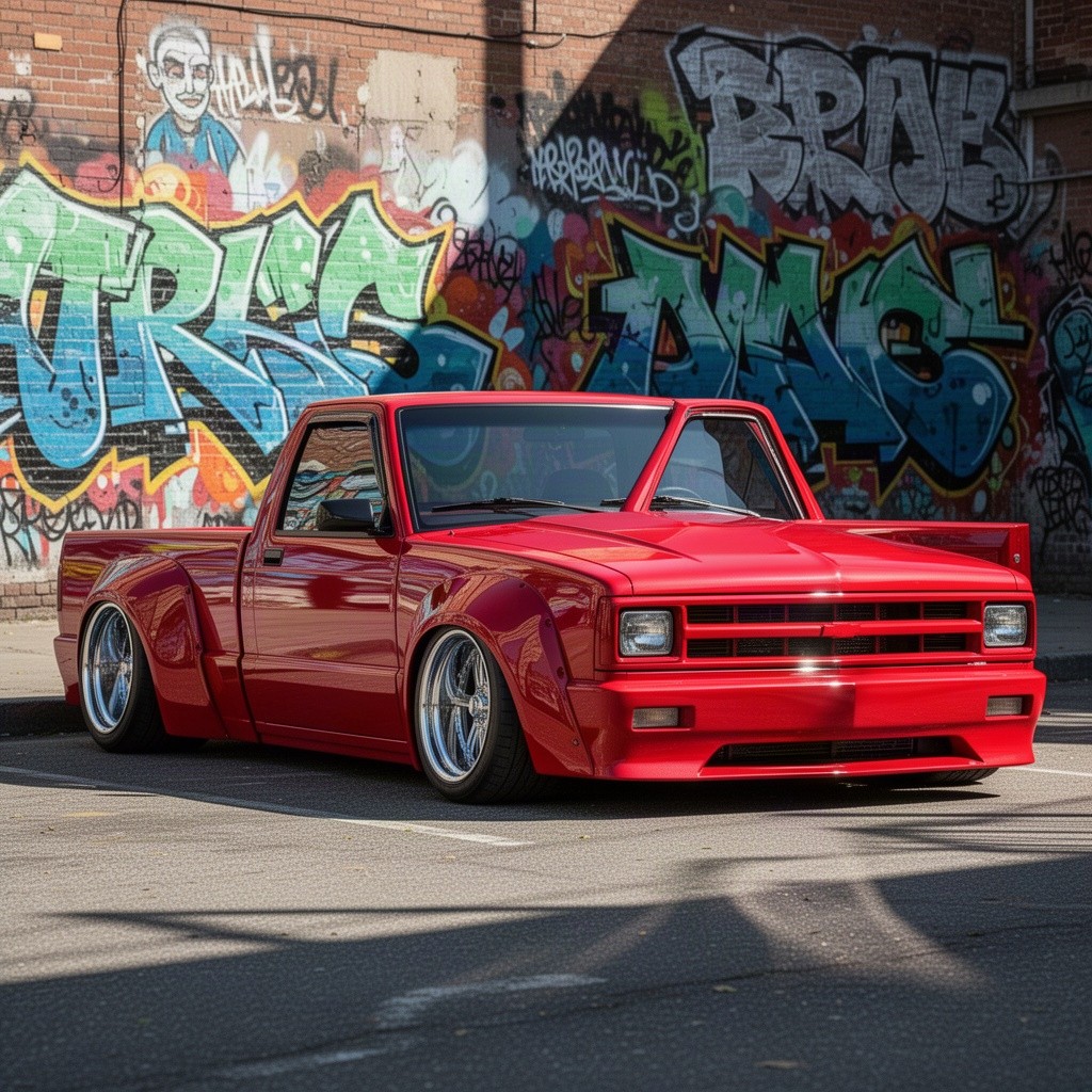 A stunning red 1989 Chevy S10 truck featuring a custom widebody kit, showcasing its aggressive stance and sleek aerodynamic lines