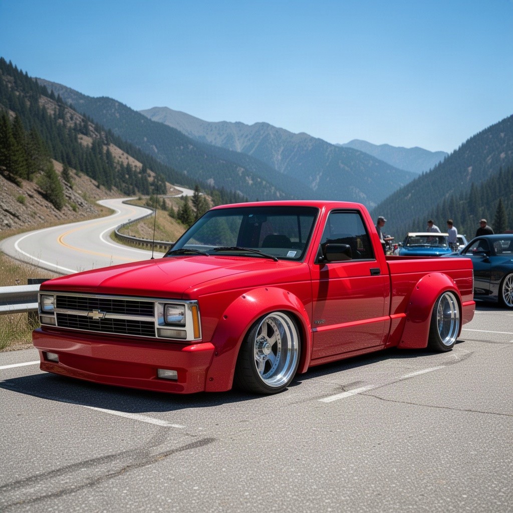 A striking red 1989 Chevy S10 truck equipped with a custom widebody kit, emphasizing its bold and muscular appearance