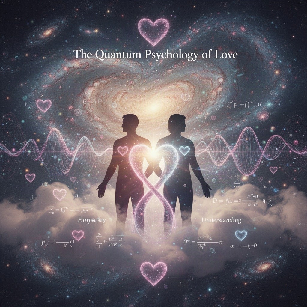 An abstract representation of the concept 'The Quantum Psychology of Love', featuring an ethereal, cosmic landscape with swirling galaxies and vibrant colors symbolizing emotional connections