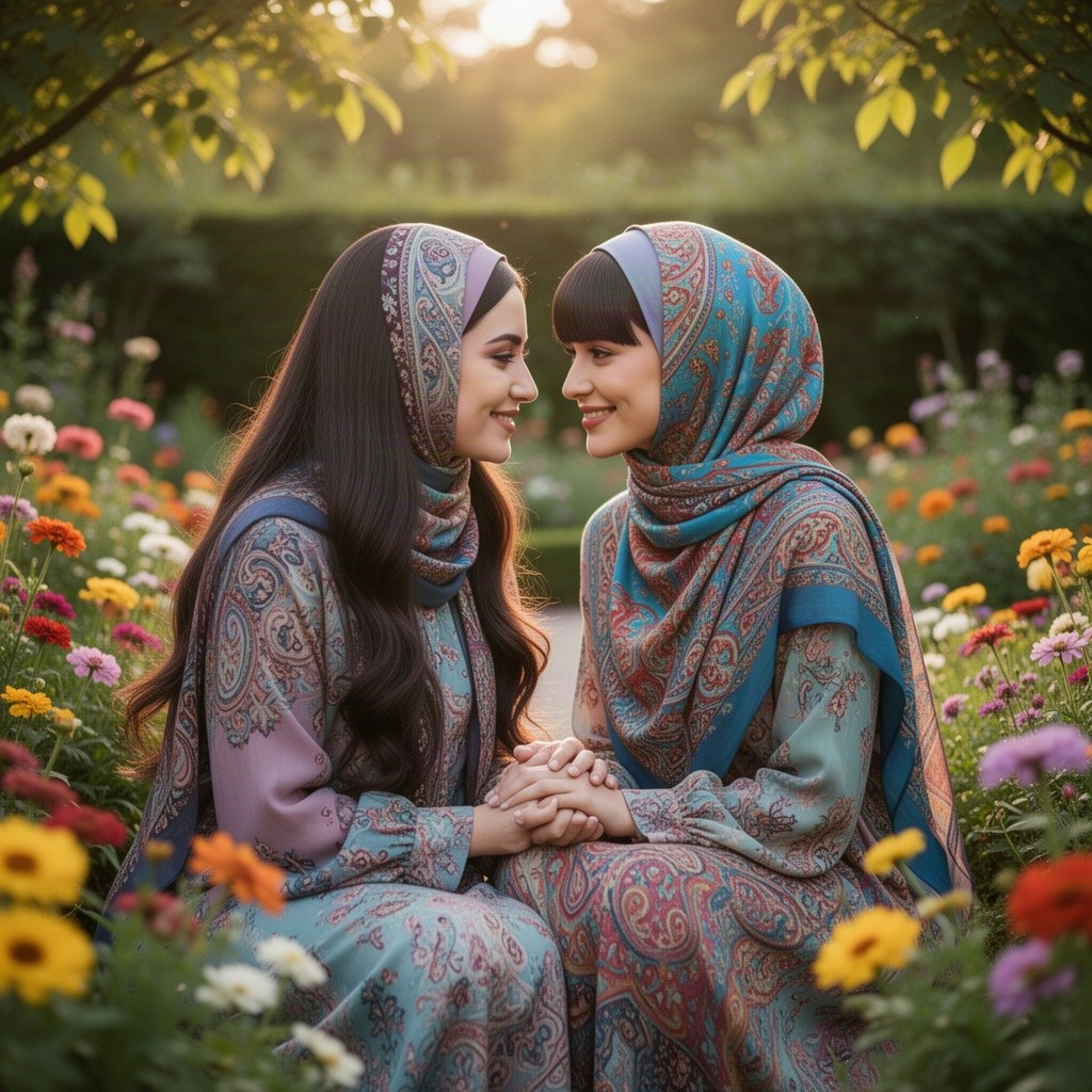 A beautiful, intimate moment between two women wearing colorful hijabs, sitting close together with soft smiles on their faces