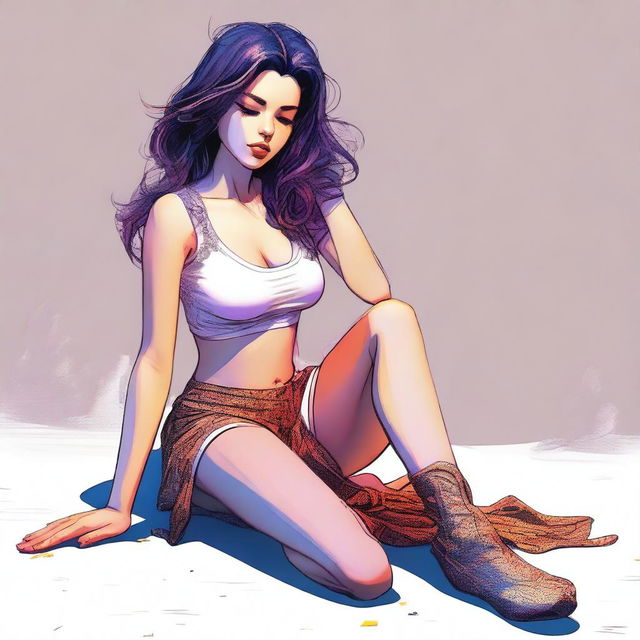 A digital art of a young woman in a suggestive pose, kneeling on the ground