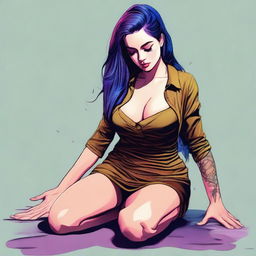 A digital art of a young woman in a suggestive pose, kneeling on the ground