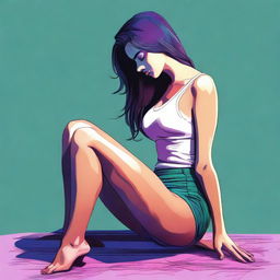 A digital art of a young woman in a suggestive pose, kneeling on the ground