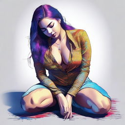 A digital art of a young woman in a suggestive pose, kneeling on the ground