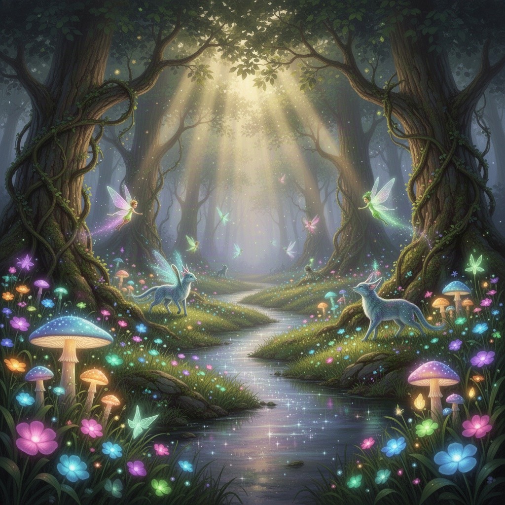A visually stunning representation of a magical forest scene, filled with vibrant greenery and luminescent flowers, where mythical creatures roam