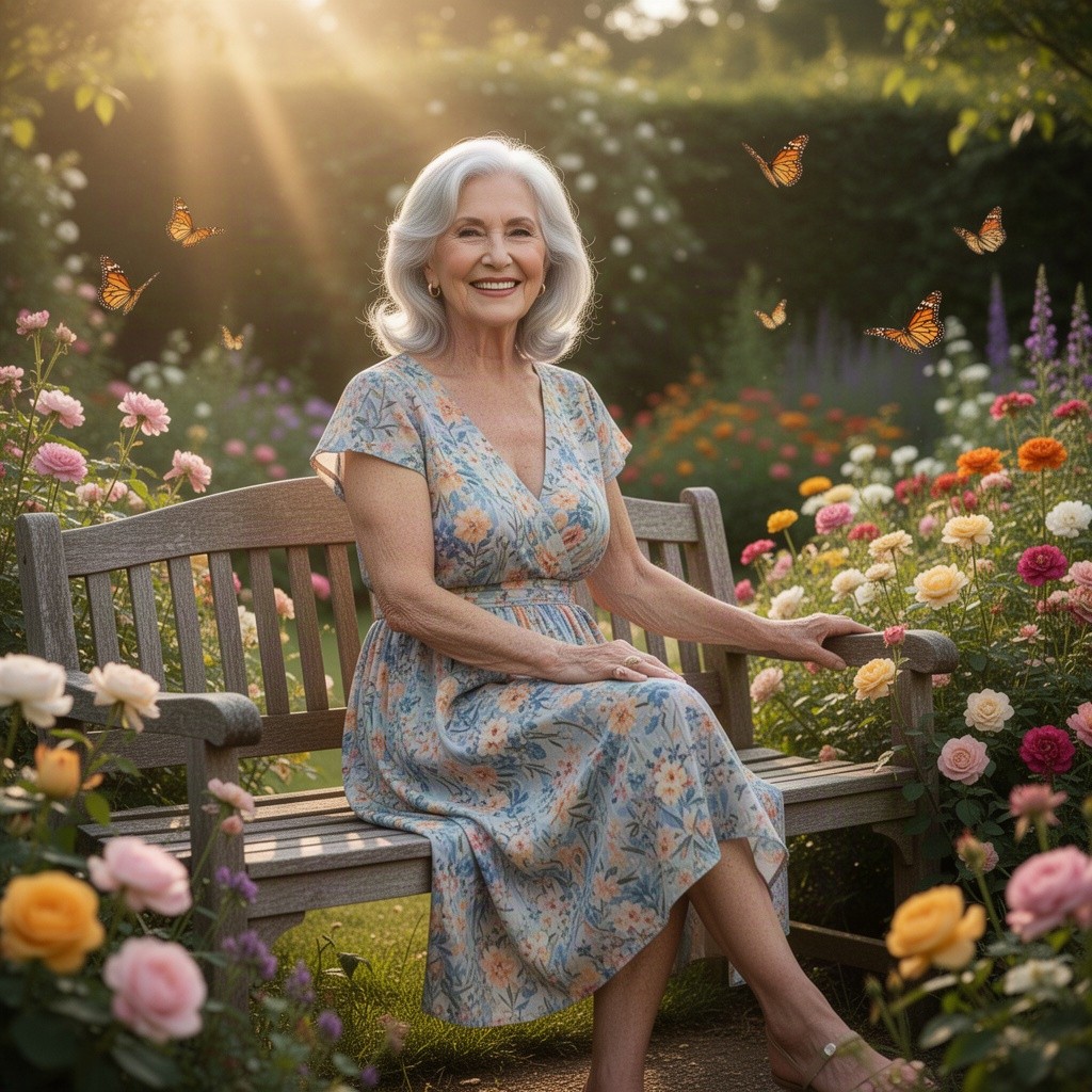 A stunning and confident gilf (grandmother) with silver hair wearing a stylish summer dress, sitting gracefully on a garden bench surrounded by blooming flowers, with sunlight streaming through, evoking a warm and inviting summer day