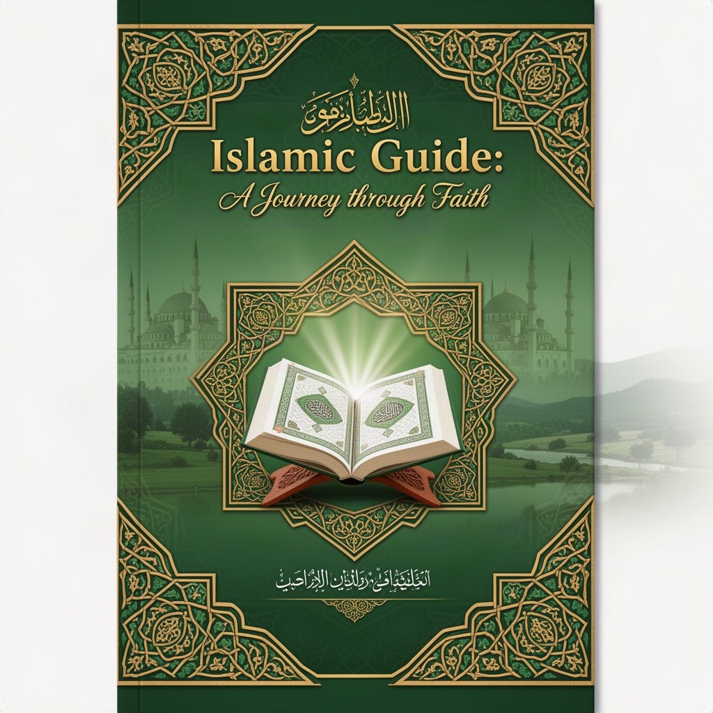 An illustrated cover design for an Islamic guidebook, featuring intricate geometric patterns and arabesques, with a central image of an open Quran