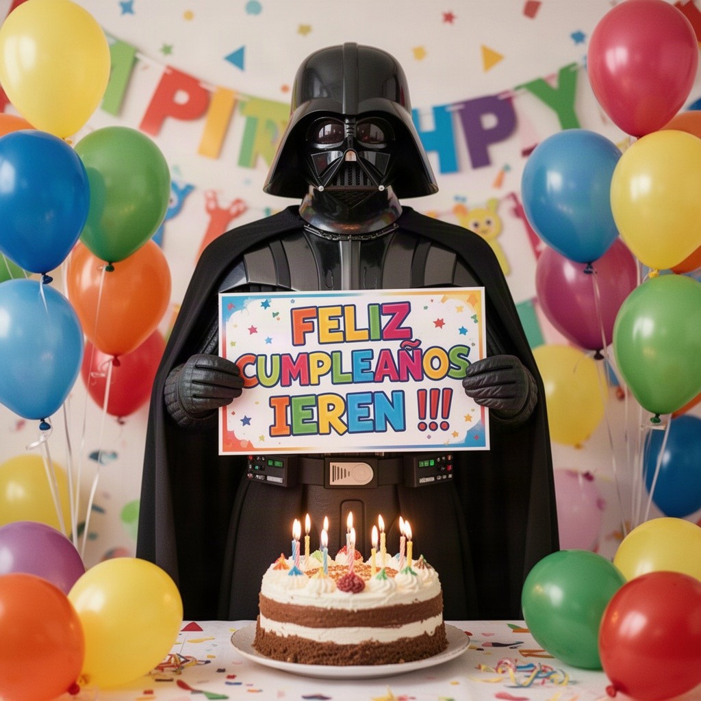 Darth Vader standing prominently in a festive birthday scene, holding a colorful sign that reads 'FELIZ CUMPLEAÑOS IEREN !!!'