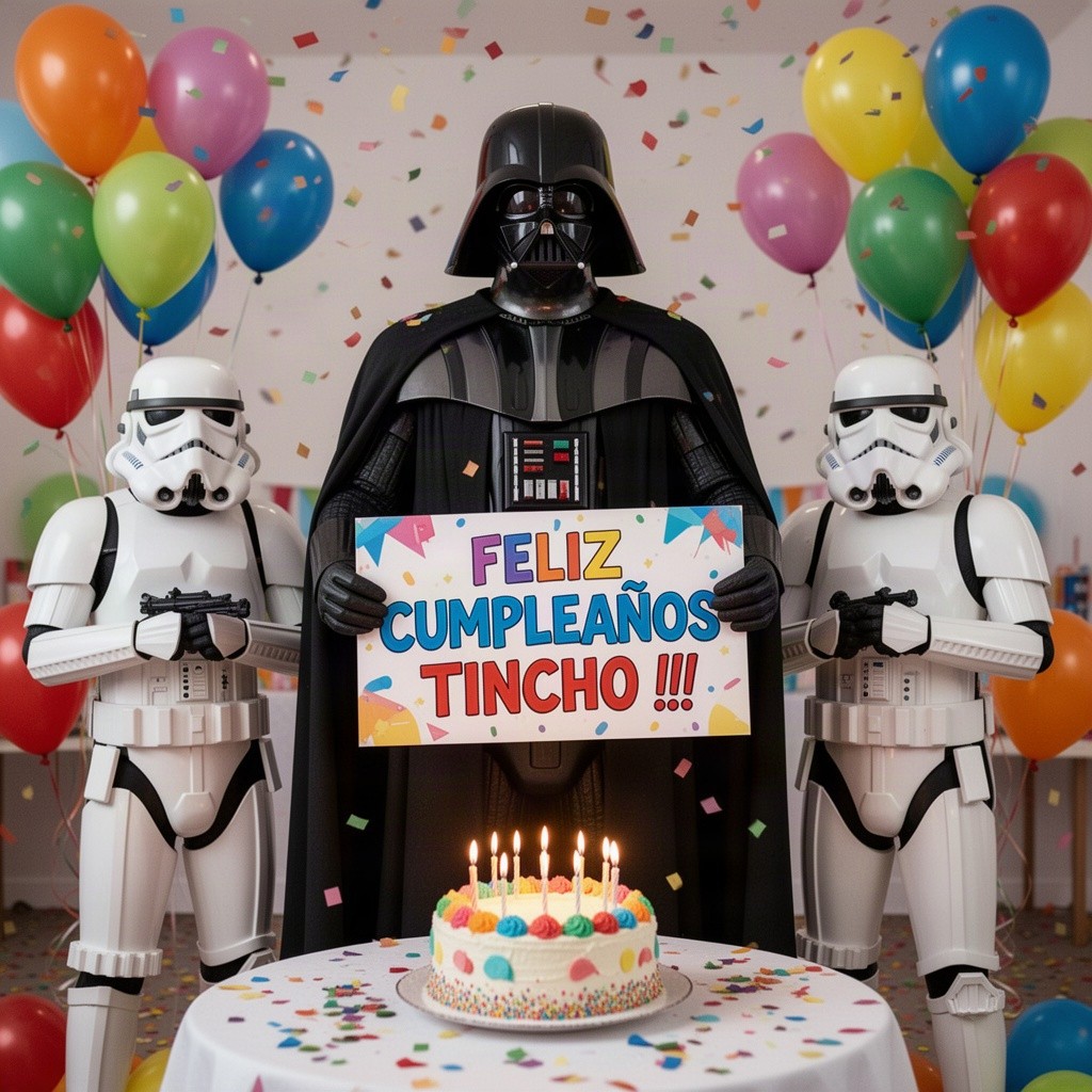 Darth Vader standing tall alongside two stormtroopers in a vibrant birthday celebration scene