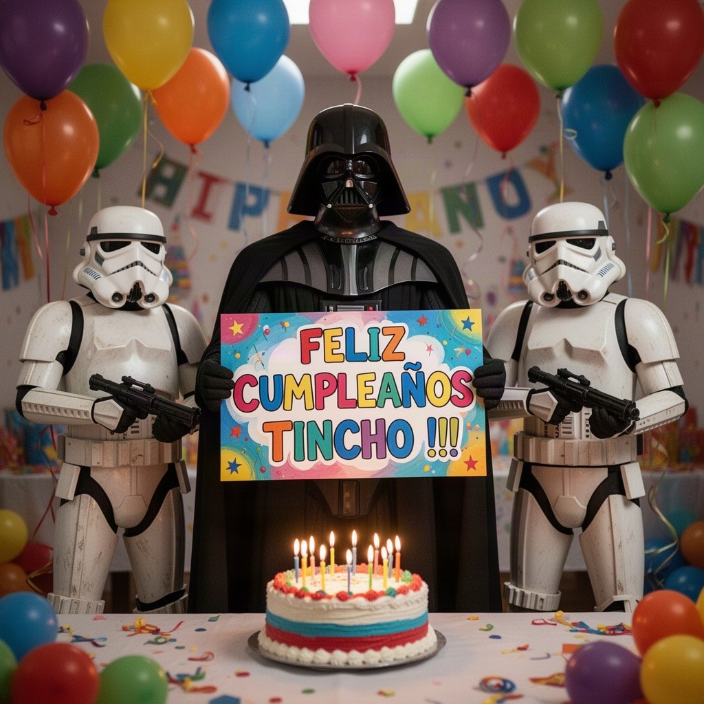 Darth Vader standing alongside two scout troopers in a lively birthday celebration scene
