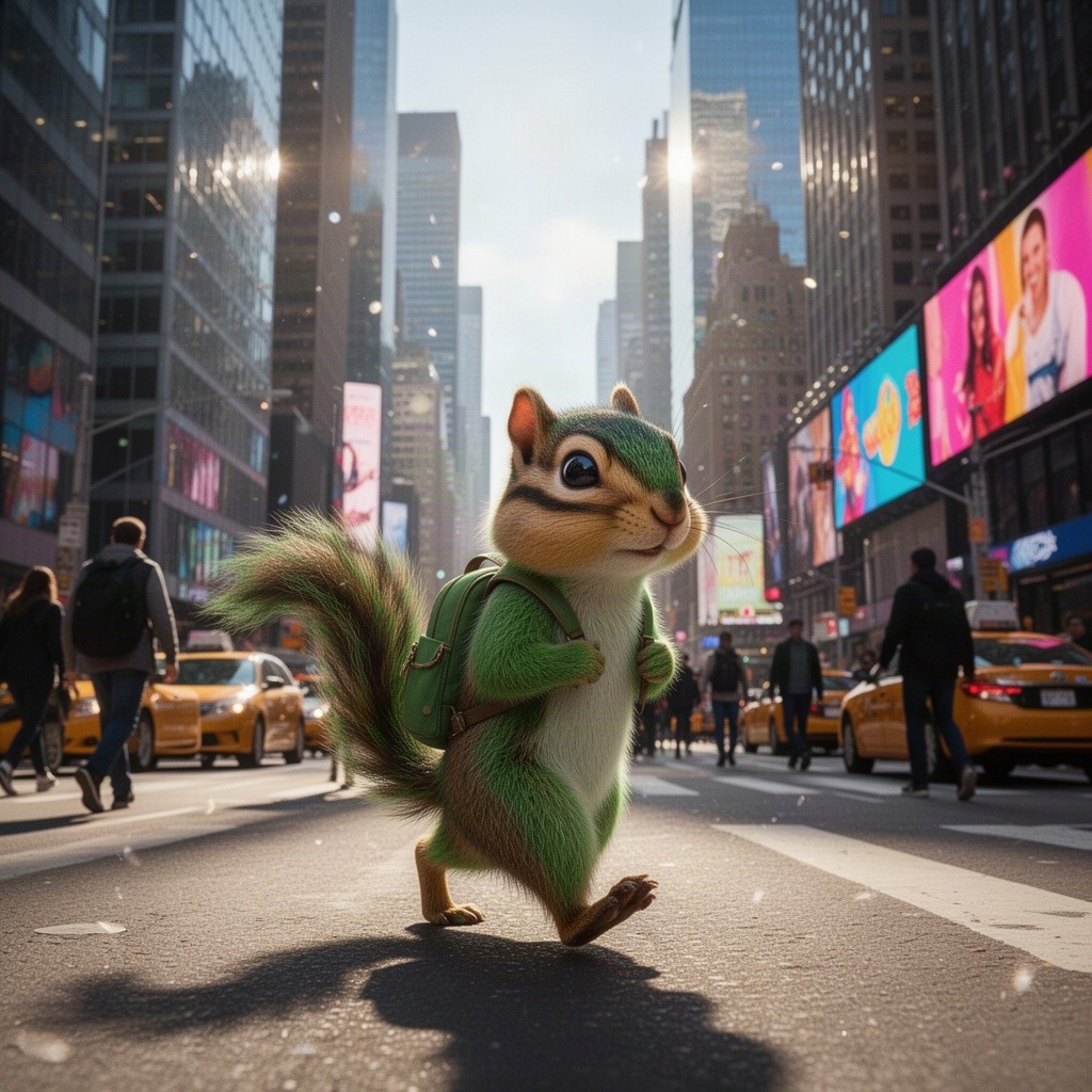 A stylish green chipmunk with a vibrant green hue walking through a bustling urban city, surrounded by modern skyscrapers and busy streets filled with people and cars
