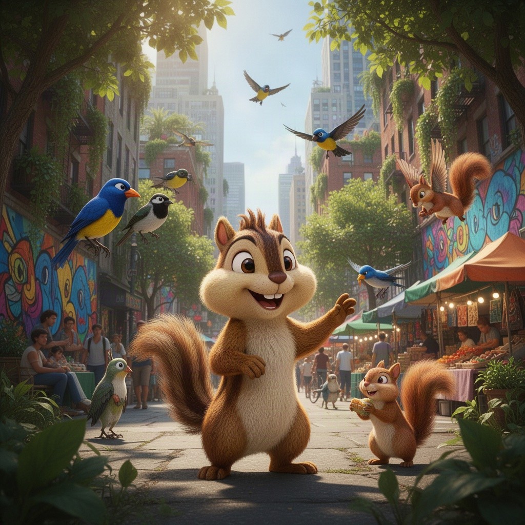 A lively scene featuring Chip Wistler, an animated chipmunk character, exploring a vibrant big city filled with lush greenery and urban landscapes