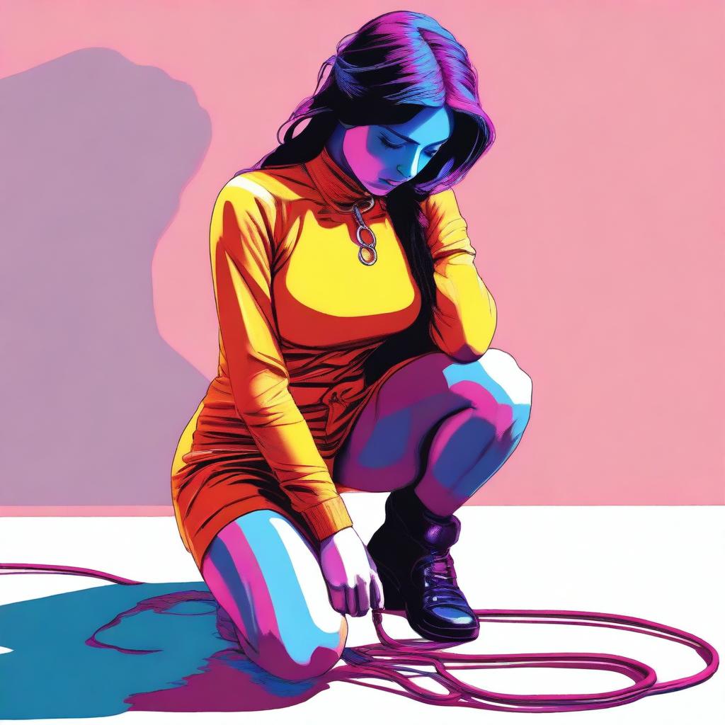 A digital art piece showcasing a young woman in a submissive pose, kneeling on the ground with a leash around her neck