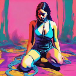 A digital art piece showcasing a young woman in a submissive pose, kneeling on the ground with a leash around her neck