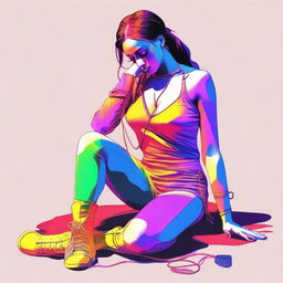 A digital art piece showcasing a young woman in a submissive pose, kneeling on the ground with a leash around her neck