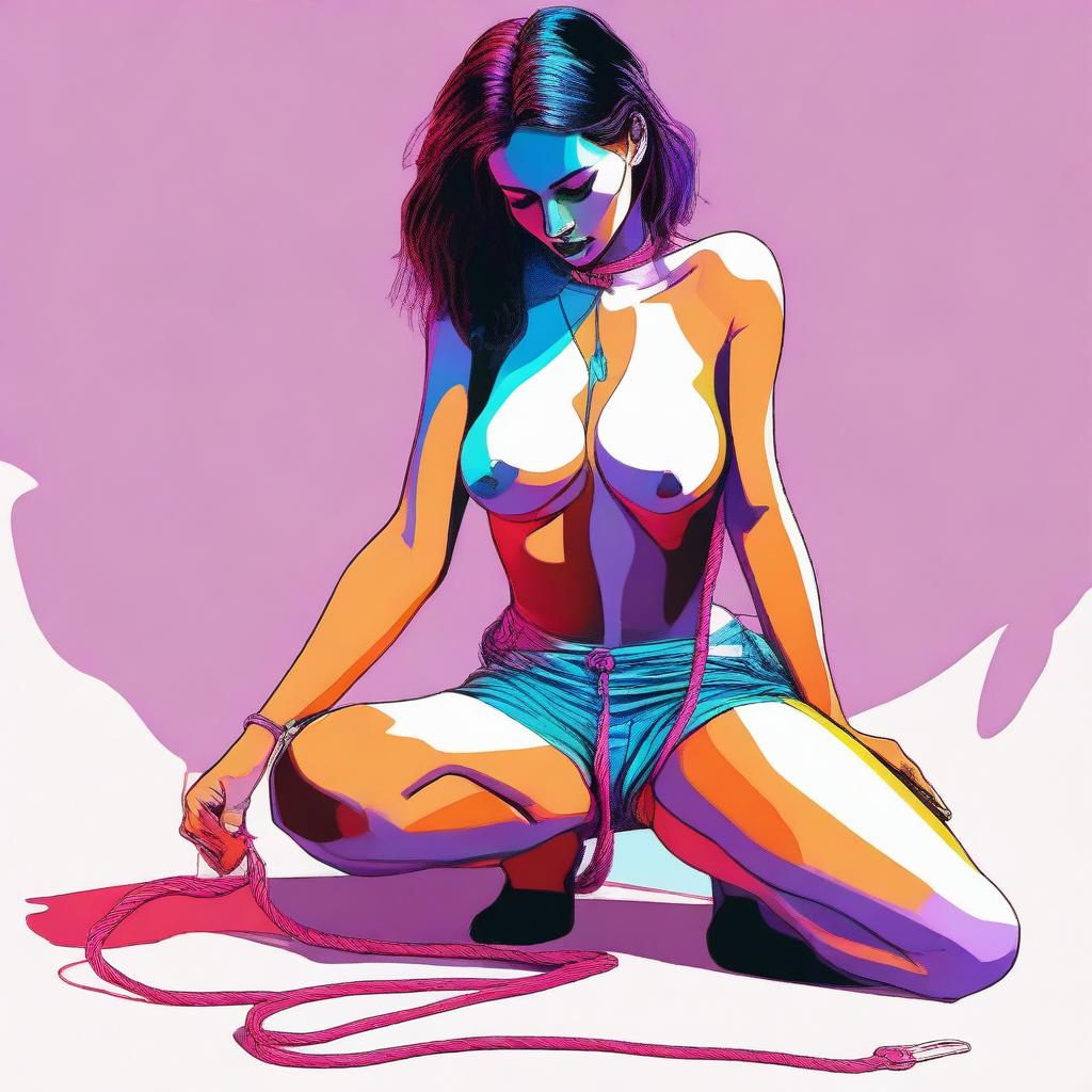 A digital art piece showcasing a young woman in a submissive pose, kneeling on the ground with a leash around her neck