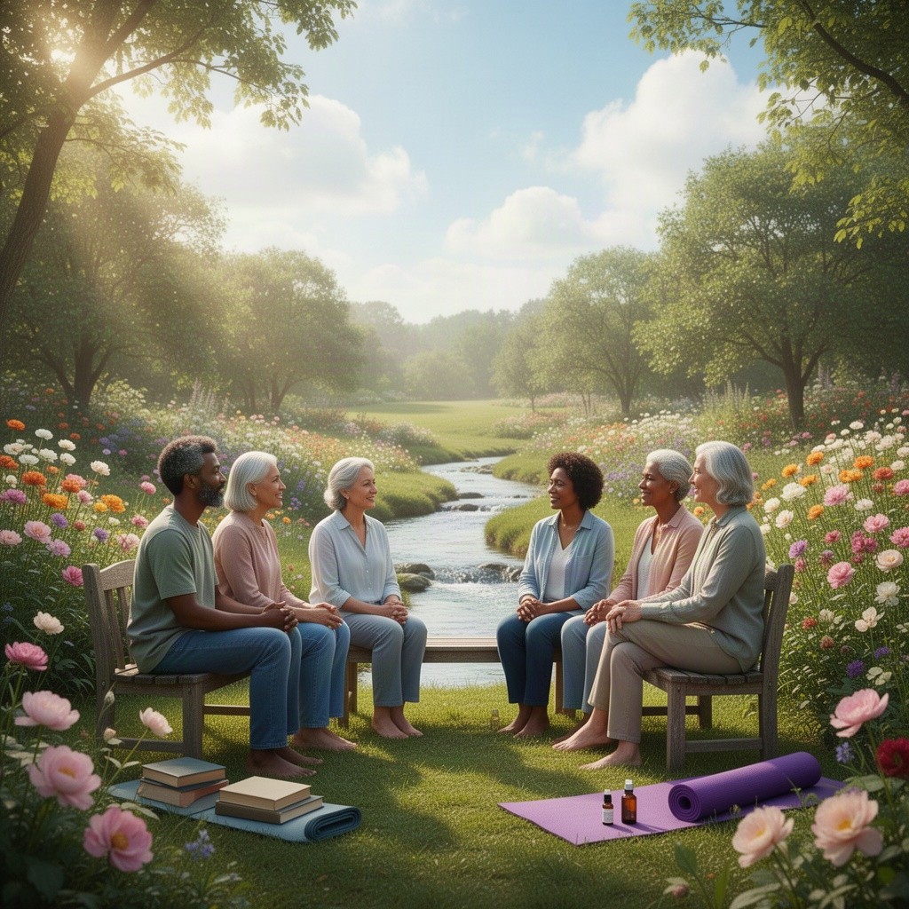 A serene and calming scene depicting mental health awareness
