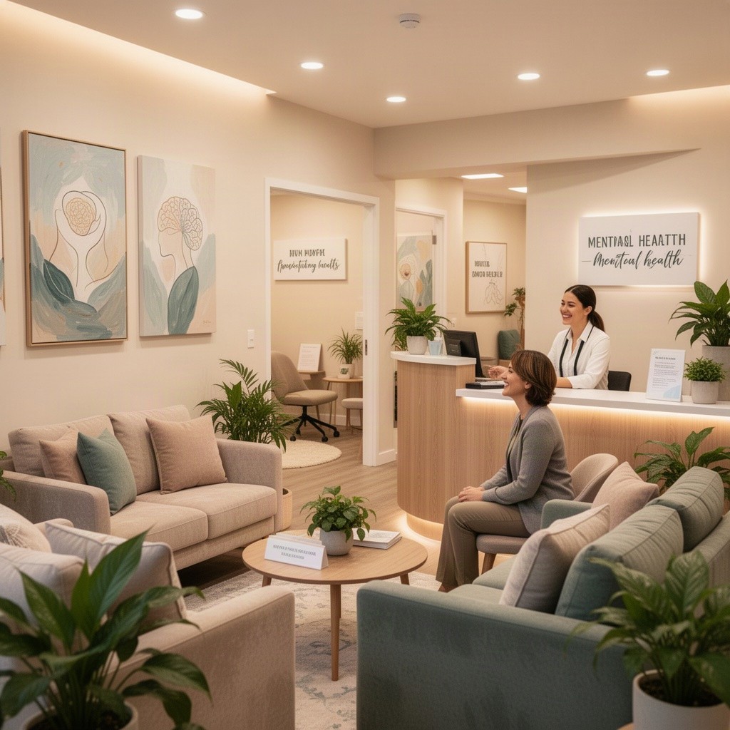 An inviting mental health clinic interior, showcasing a welcoming reception area with soft, warm lighting