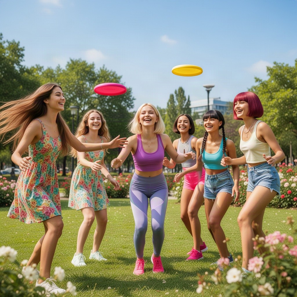A vibrant and lively scene depicting a group of diverse young women, engaged in a fun outdoor activity like playing frisbee in a sunlit park