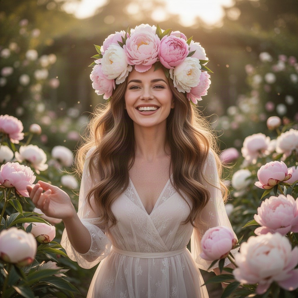 A fulfilled woman with a radiant expression, wearing a beautiful crown made of peony flowers