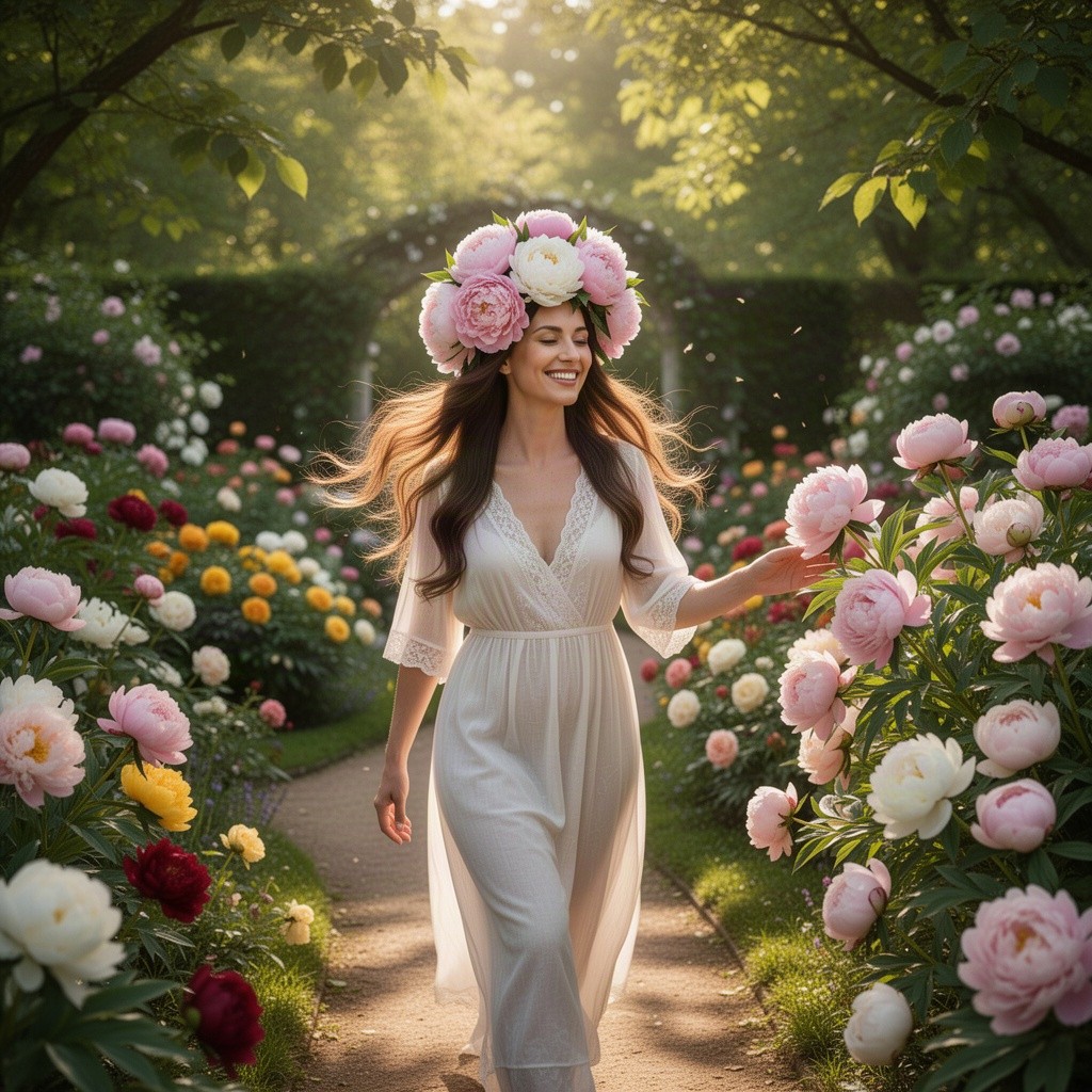 A fulfilled woman with a radiant expression, wearing a beautiful crown made of peony flowers, walking gracefully through a picturesque garden