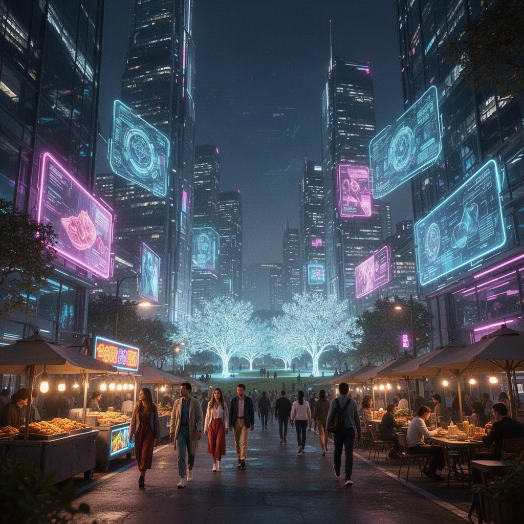 A futuristic cityscape at night, illuminated with neon lights and holographic advertisements