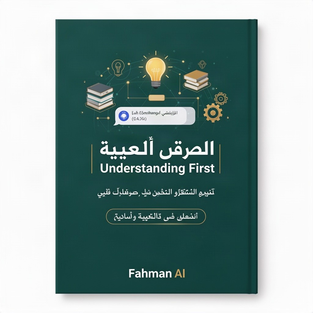 A premium, modern educational book cover titled 'الفهم أولًا | Understanding First' for Fahman AI, showcasing a visual representation of knowledge transforming into understanding