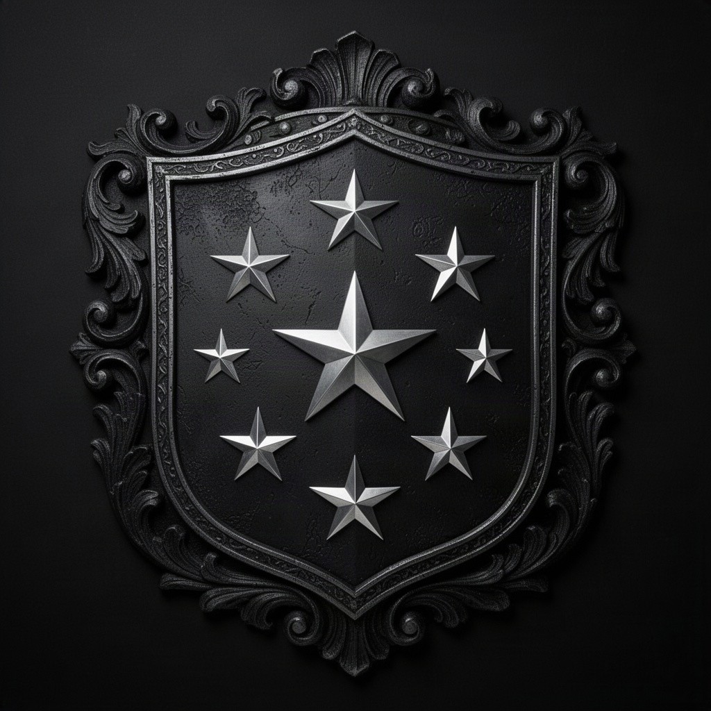 A beautifully designed coat of arms featuring elegant silver stars set against a deep black background