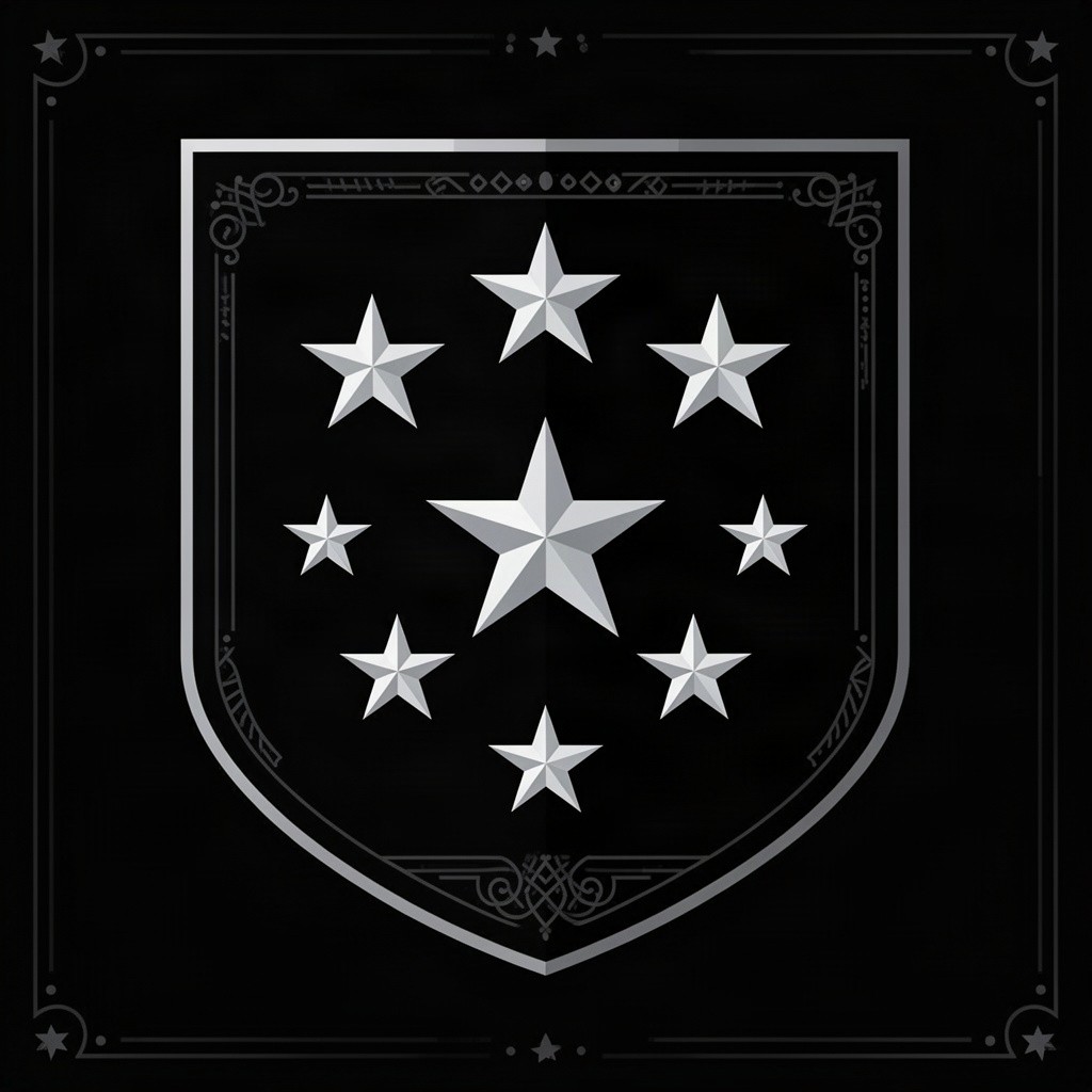 A flat design coat of arms featuring silver stars on a solid black background