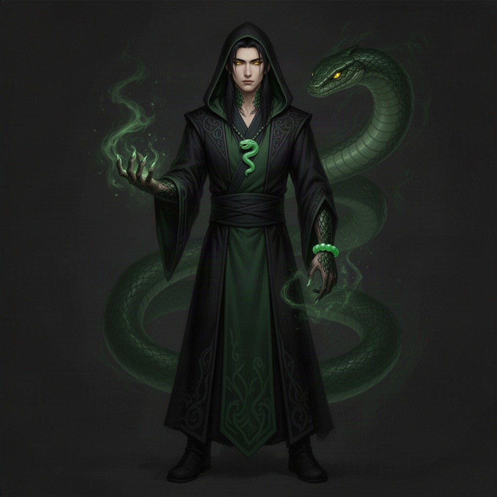 A male sorcerer character illustration in a dark fantasy DND style