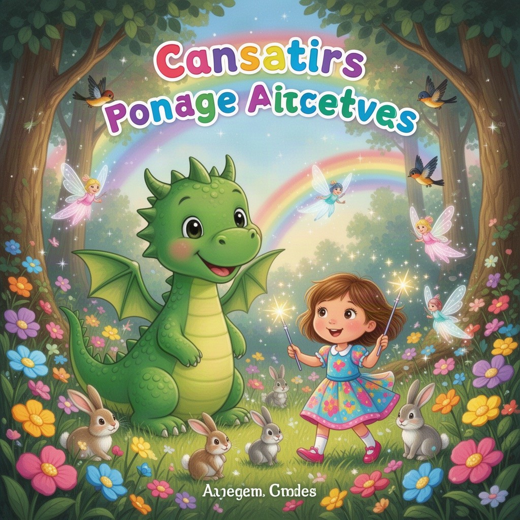 A vibrant and enchanting book cover for a children's story, featuring a whimsical scene of a friendly dragon and a curious little girl exploring a magical forest filled with colorful flowers, sparkling fairies, and a rainbow in the background