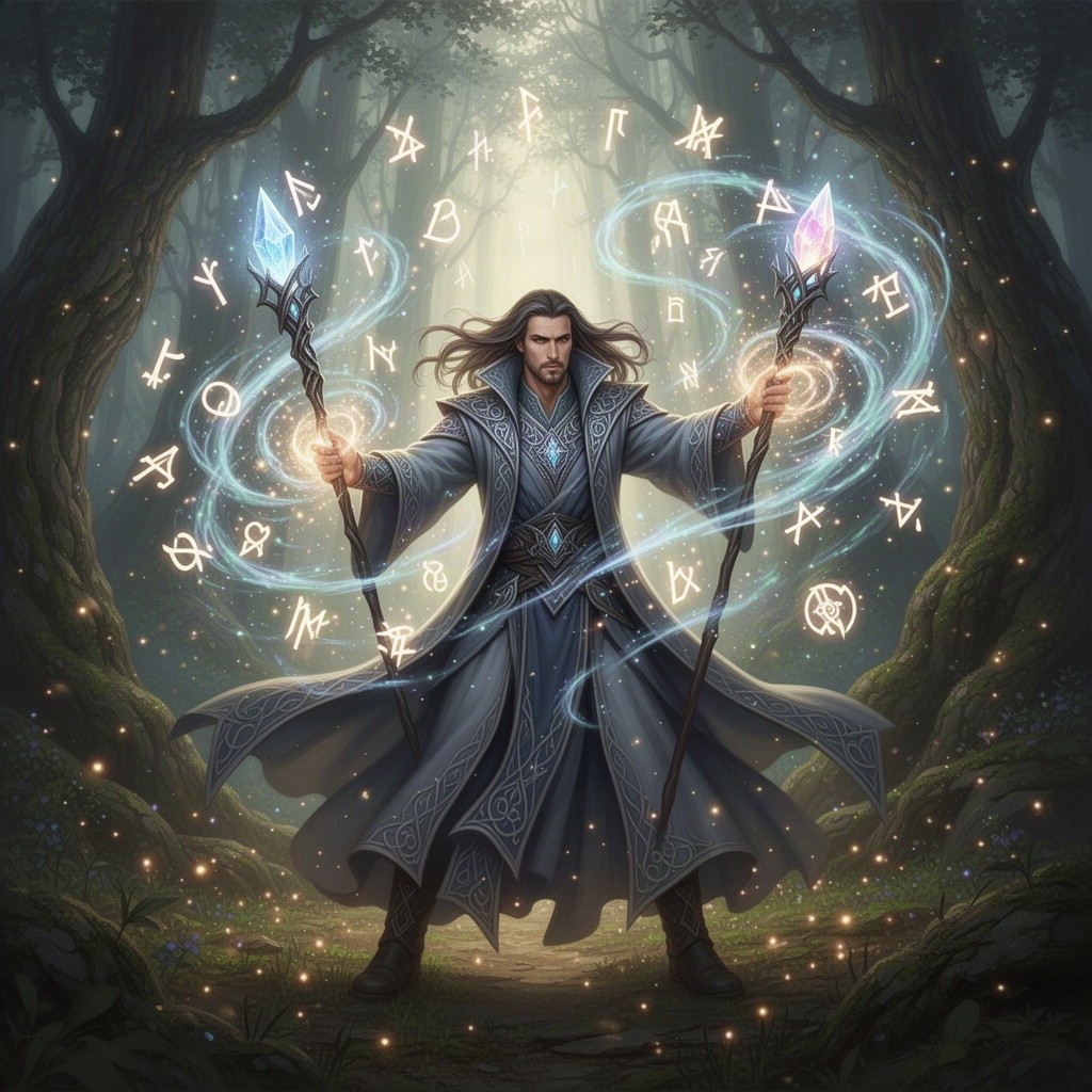 A powerful male mage casting a spell, surrounded by swirling magical energies and glowing runes in the air