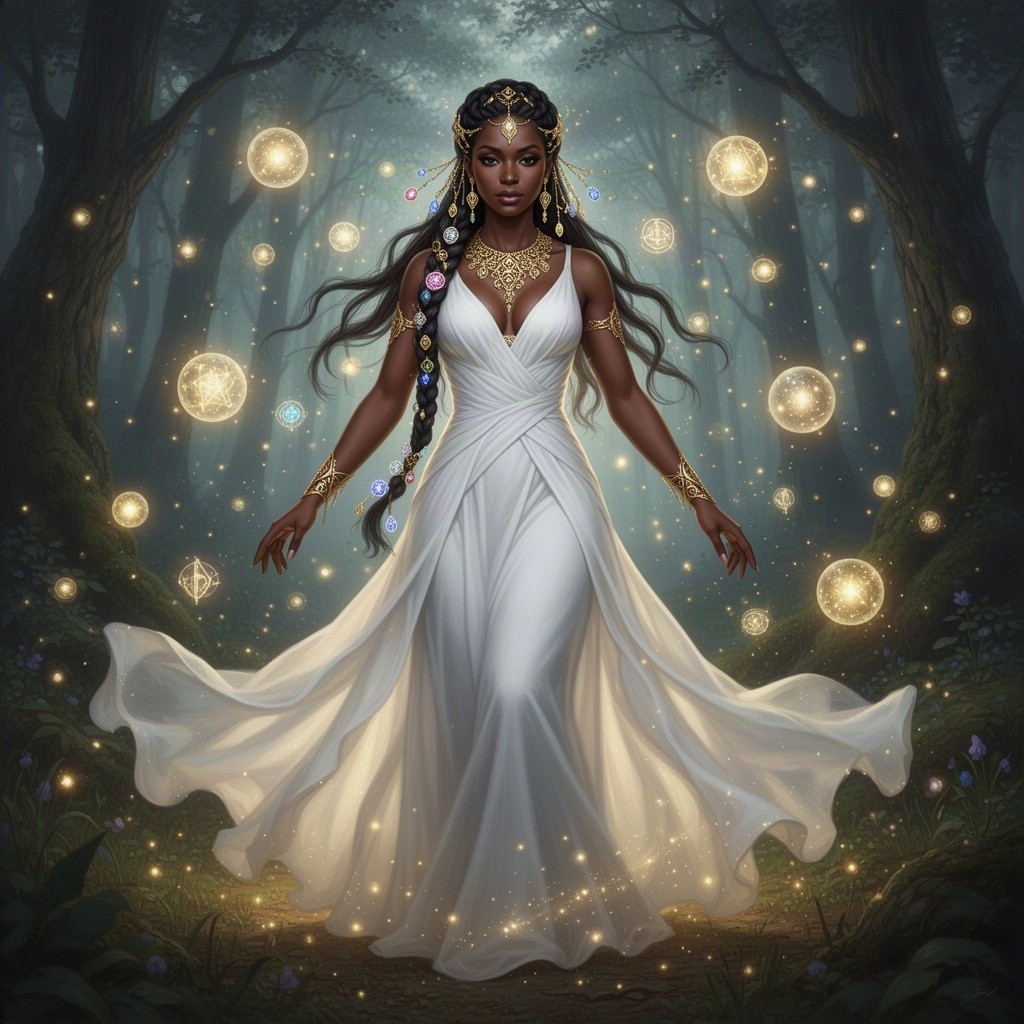 A powerful female sorceress with dark skin, wearing an elegant white dress that flows gracefully around her