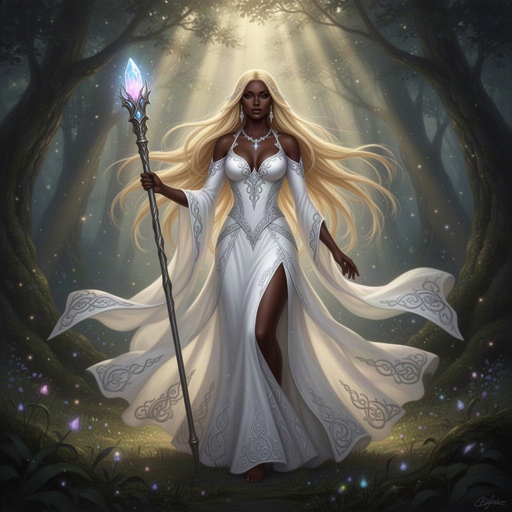A sorceress with long, flowing blonde hair and deep, dark skin, exuding a powerful aura