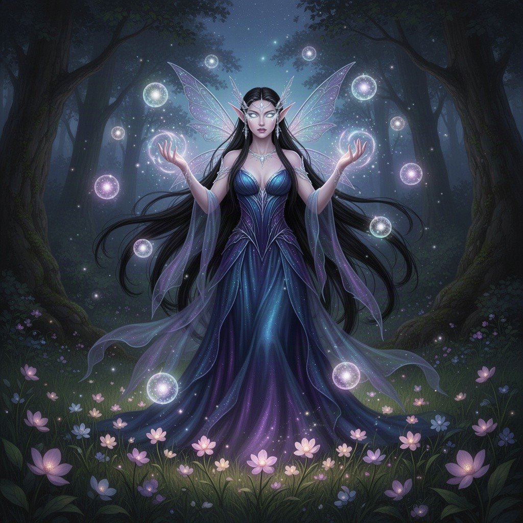 A captivating fey female sorceress standing in an enchanting forest glade