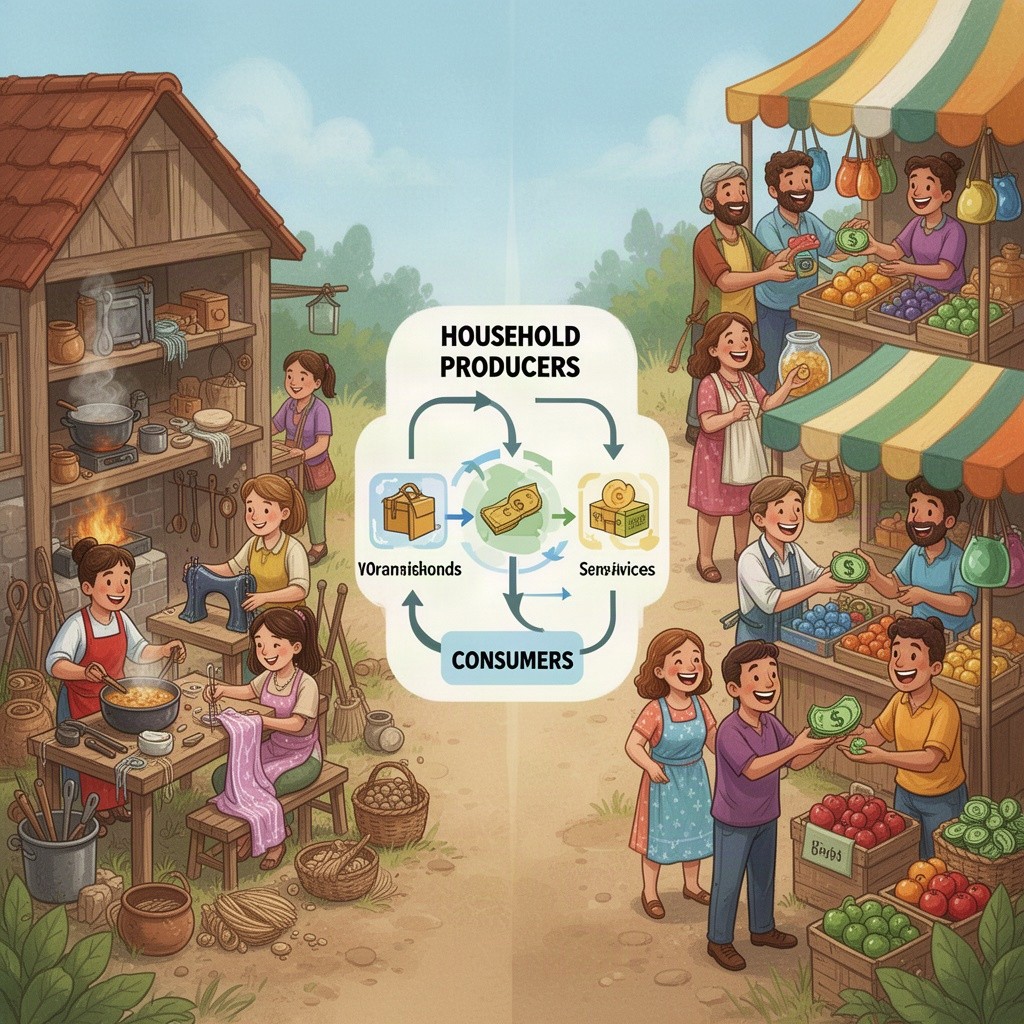 An illustrated representation of an economy showing the interaction between household producers and consumers