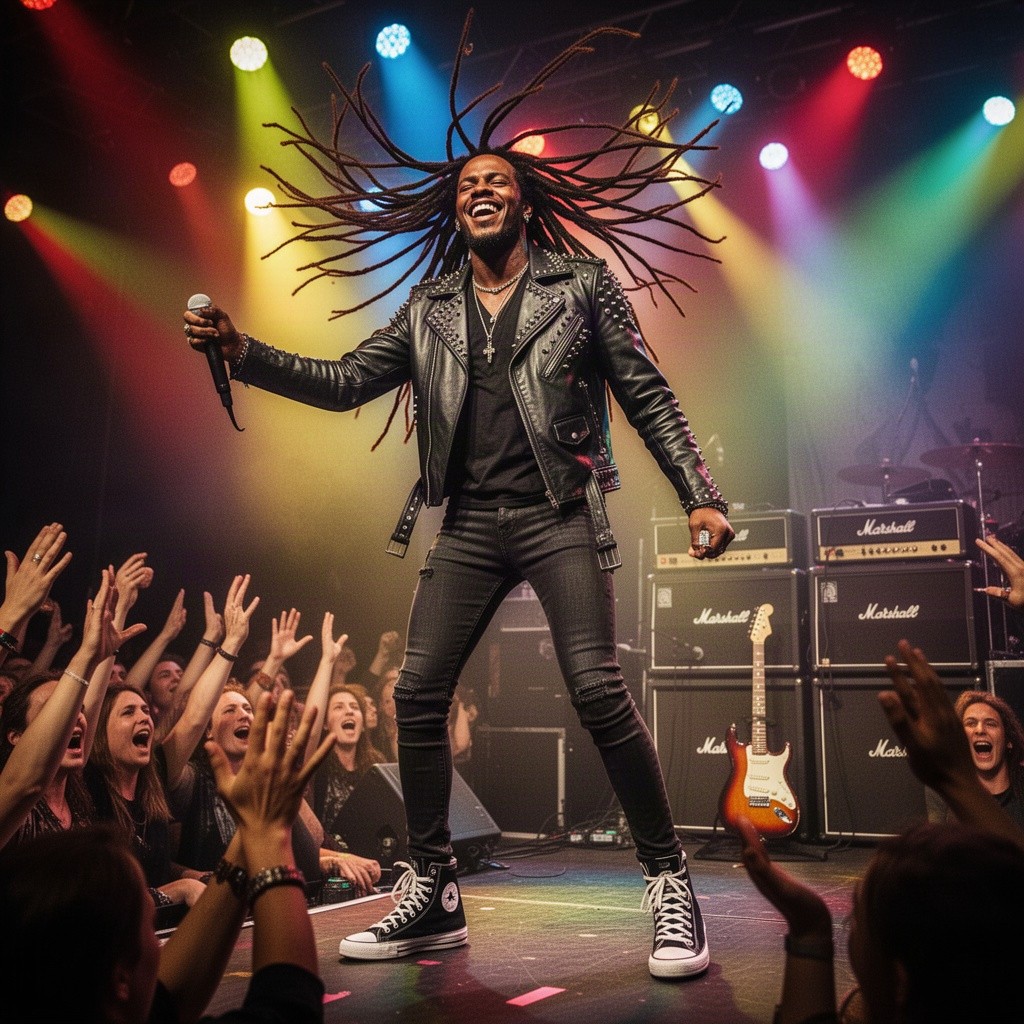 A charismatic black rockstar performing on stage, exuding confidence and energy