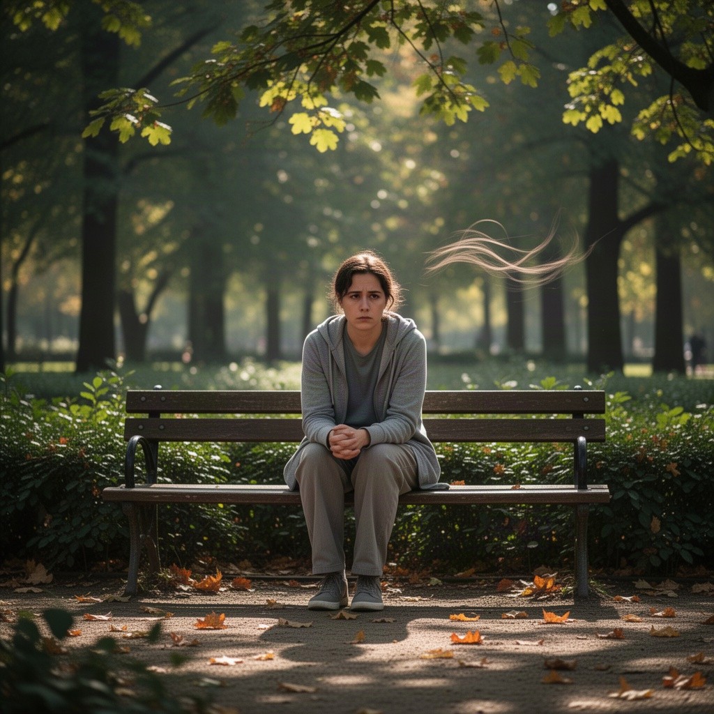A contemplative scene of a person sitting on a bench in a serene park, looking thoughtful and introspective