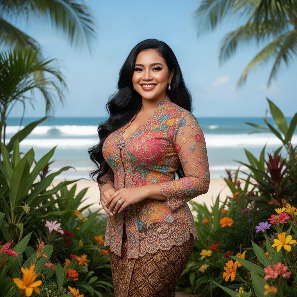 A beautiful, voluptuous Indonesian woman posing gracefully in a vibrant tropical setting, surrounded by lush green plants and colorful flowers