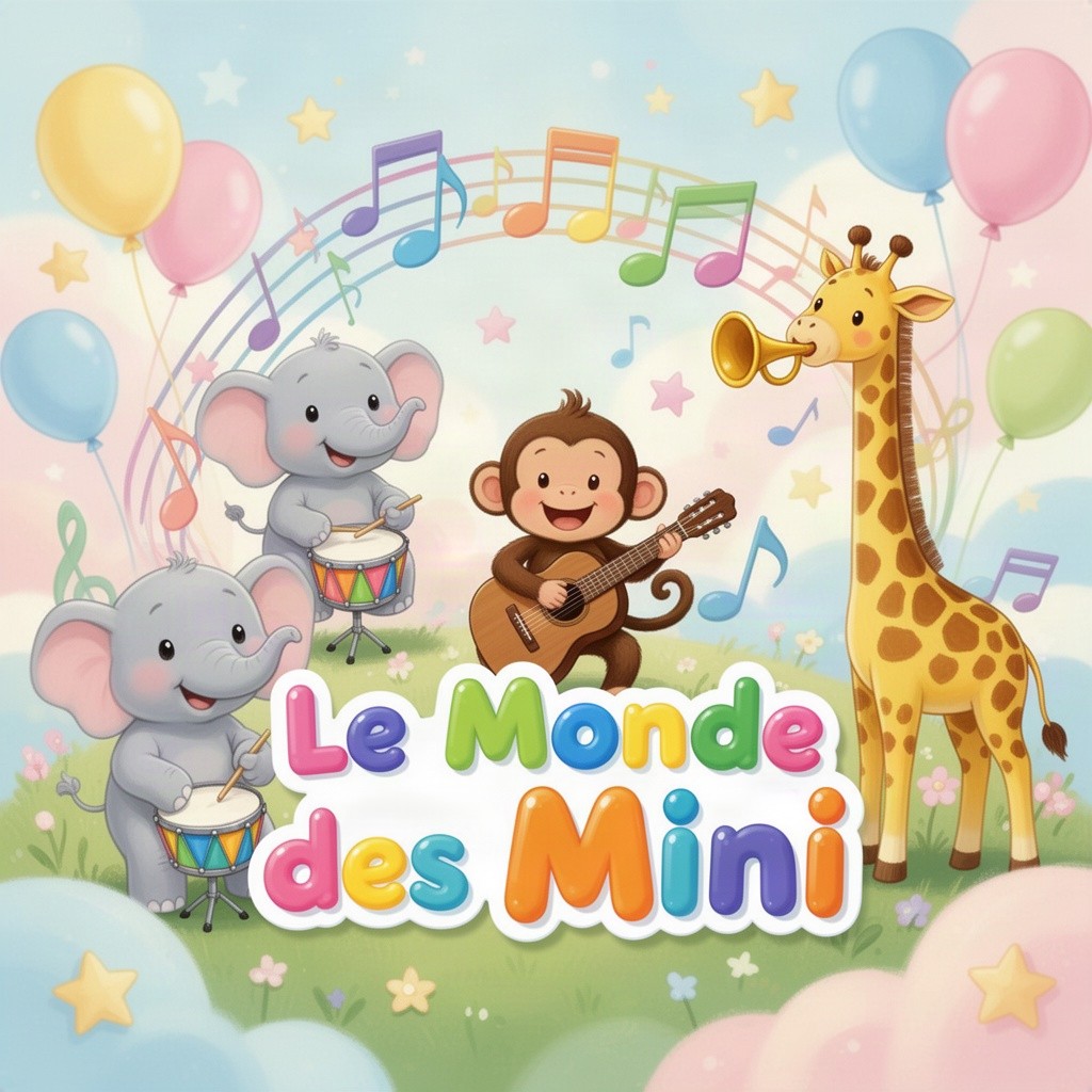 A vibrant and colorful illustration perfect for a baby music profile picture titled 'Le Monde des Mini'