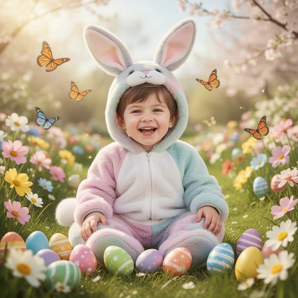 A playful young boy wearing an adorable bunny suit with soft, fluffy fur, complete with floppy ears and a cute little tail