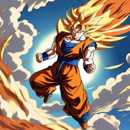 A depiction of Goku from Dragon Ball Z, soaring through the sky with energy radiating around him and his clothes billowing in the wind.