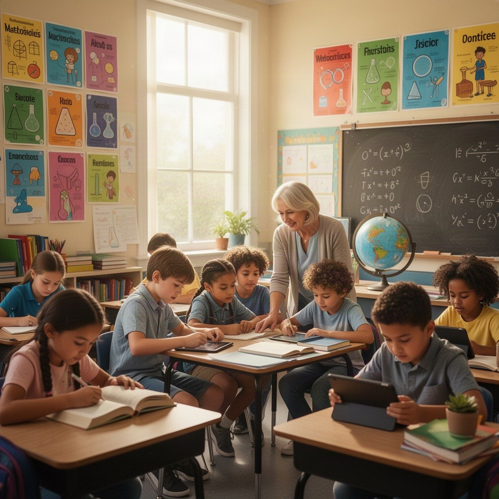 An enchanting classroom filled with diverse students engaged in learning