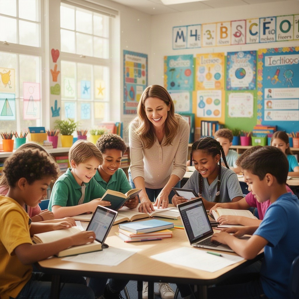 A vibrant and engaging classroom scene showcasing a diverse group of students immersed in their education