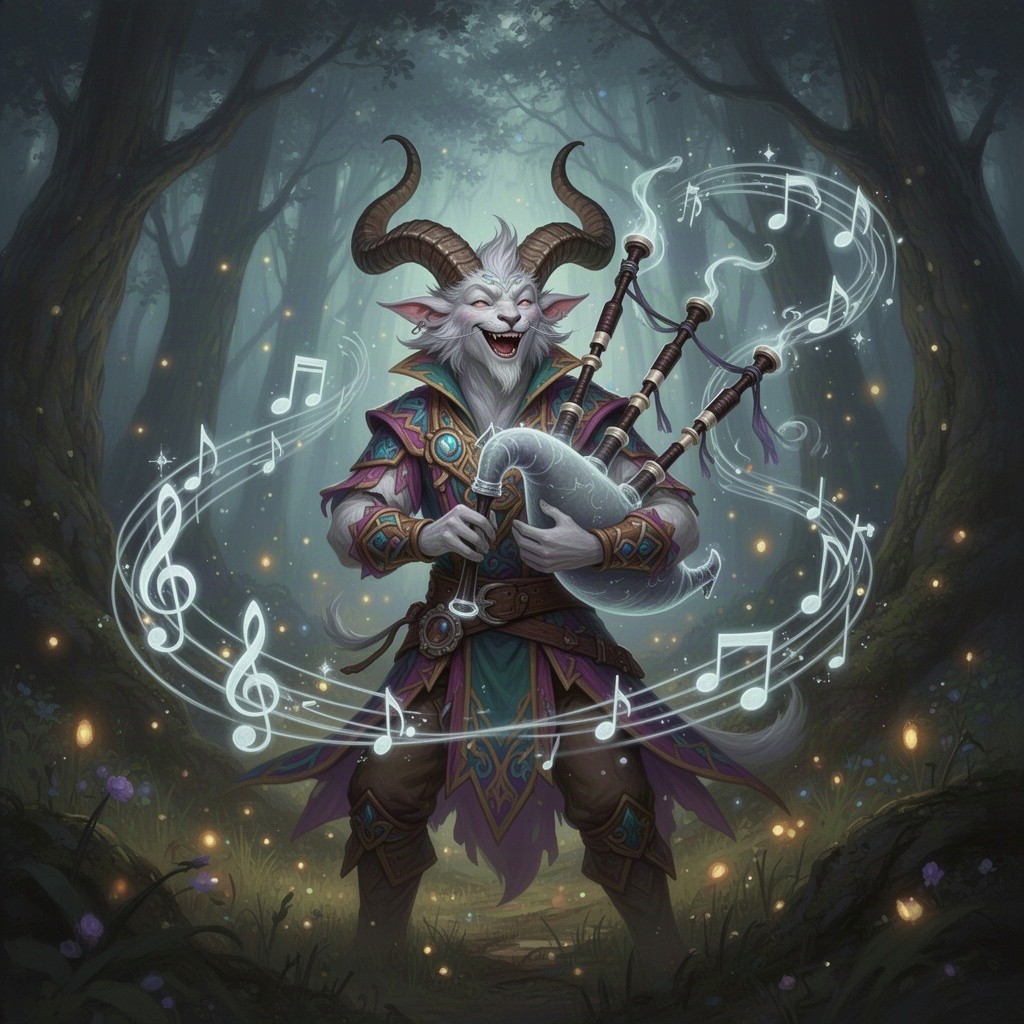 A character named Gagish, a horned humanoid bard from a fantasy realm, playing a ghostly bagpipe