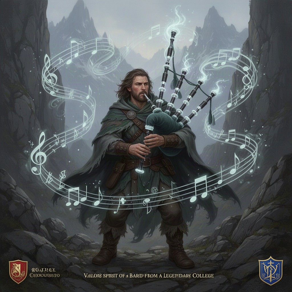 A character named Gagish, a mountain-born human bard, skillfully playing ghostly bagpipes