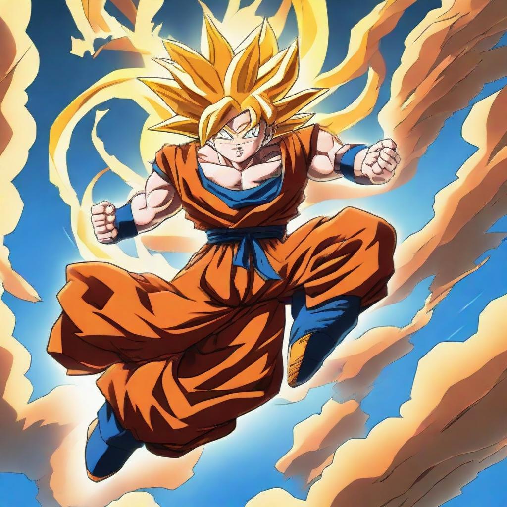 A depiction of Goku from Dragon Ball Z, soaring through the sky with energy radiating around him and his clothes billowing in the wind.