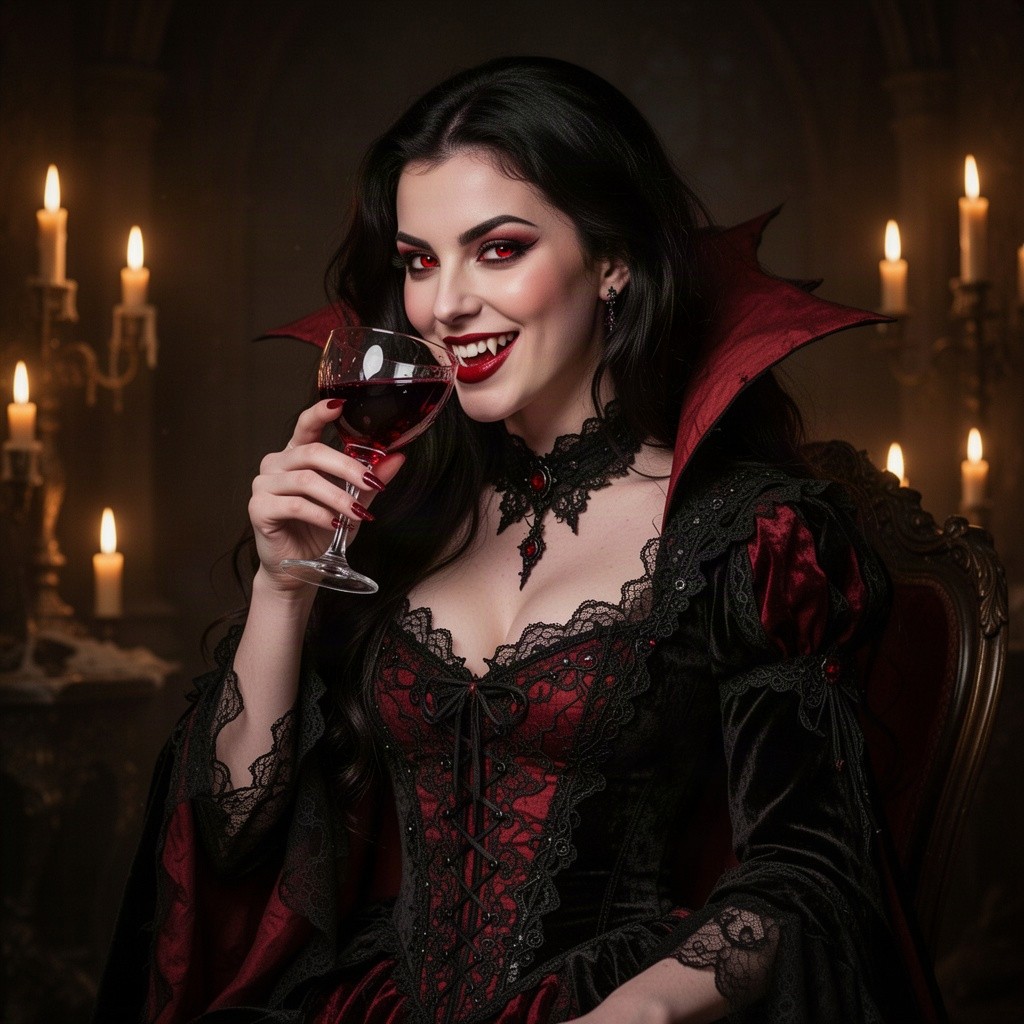 A captivating scene featuring a female vampire elegantly drinking from a delicate glass filled with rich, crimson blood