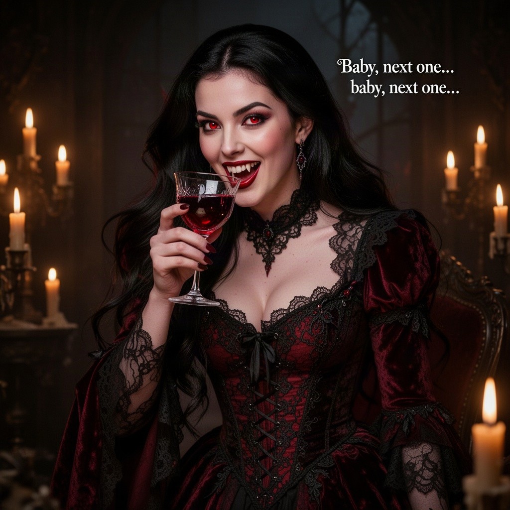 A mesmerizing scene featuring a female vampire elegantly drinking from a delicate glass filled with rich, crimson blood